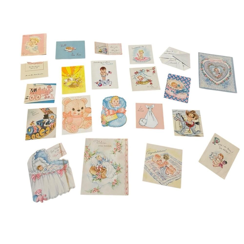 VTG Welcome New Baby Card Announcement Greeting Stork Boy Girl Just Arrived USED